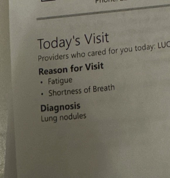 Emergency department visit summary, 5/1/2026. Reason for visit: fatigue and shortness of breath. Diagnosis: lung nodules.